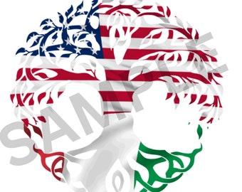 May include: A tree-shaped design with the American flag on the top half and the Italian flag on the bottom half.