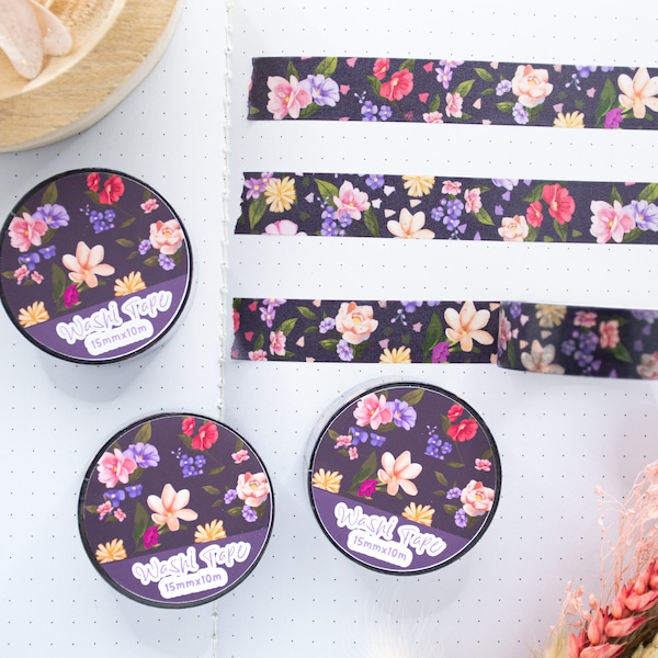 Washi Tape Blumen Dunkel Farbenfrohes Design | Scrapbook und Planner Dekoration | Fotoalbum Verschönerung Florales Design