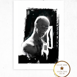 May include: Black and white ink drawing of a man's face with a sharp object in the background. The drawing is on archival paper and is gallery grade.