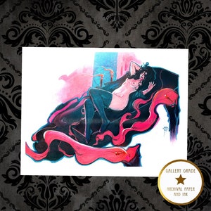 May include: A woman with long black hair lies on a black and pink sofa. She is wearing a black suspender belt and stockings. The sofa is surrounded by a pink and black swirl. The image is in a gallery grade print on archival paper and ink.