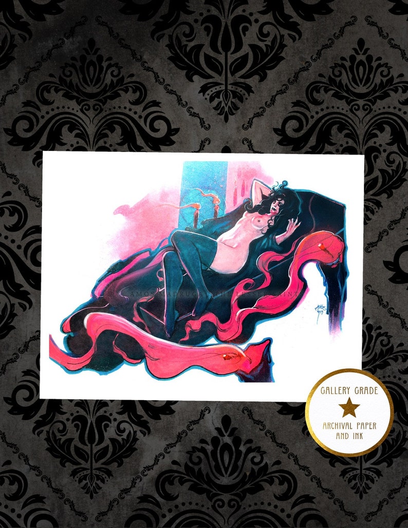 May include: A woman with long black hair lies on a black and pink sofa. She is wearing a black suspender belt and stockings. The sofa is surrounded by a pink and black swirl. The image is in a gallery grade print on archival paper and ink.