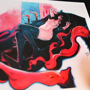 May include: A painting of a woman with long dark hair lying on a black couch with a red and pink abstract design. The woman is wearing a black dress and has a nude body.