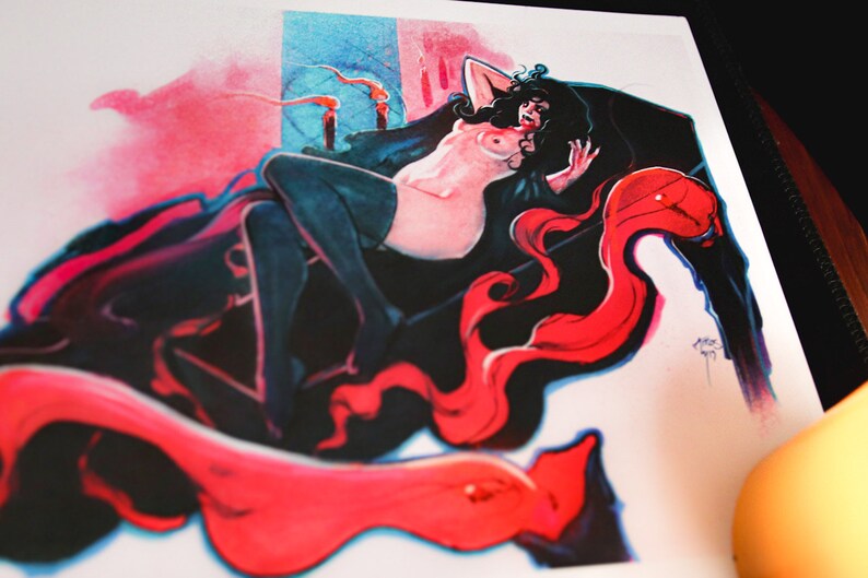 May include: A painting of a woman with long dark hair lying on a black couch with a red and pink abstract design. The woman is wearing a black dress and has a nude body.