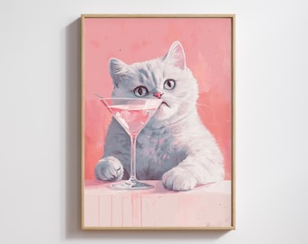 Pastell Katze Martini Kunstdruck: Verspielte Küche Bar Wand Dekoration (Digitaler Download