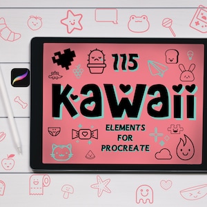 Könnte beinhalten: Ein schwarzes Tablet zeigt das Wort "KAWAII" in großen schwarzen Buchstaben mit türkisfarbenen Akzenten sowie den Text "115 ELEMENTS FOR PROCREATE". Der Bildschirm ist rosa und von niedlichen, cartoonartigen Illustrationen umgeben.