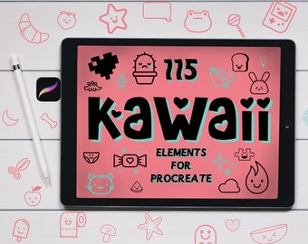 Kawaii Icon Pinsel Set für Procreate | 115 Süsse Briefmarken (Digitaler Download)
