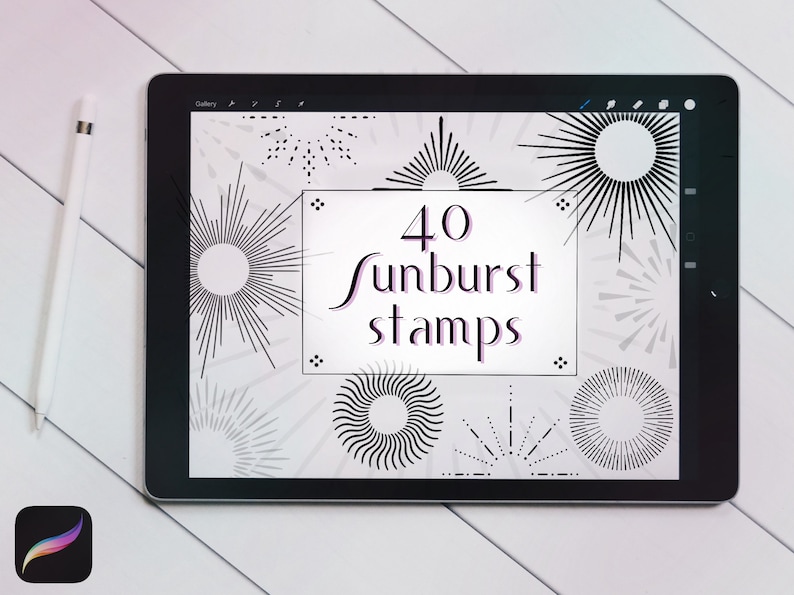 40 Sunburst-stämpelpenslar för Procreate | Dekorativ tatueringsdesign (digital nedladdning) bild 1
