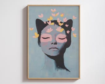 Katzenlady Pastell Kunstdruck - Sanfte Farben & Schmetterlinge (Digitaler Download)