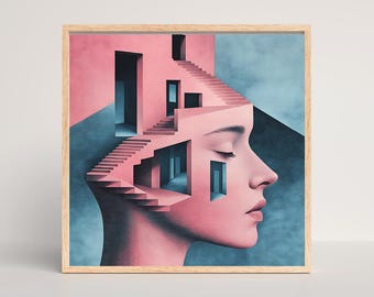 Surrealer Frauen Kopf Treppe Druck: Traumhaftes Modernes Wandbild (Digitaler Download)