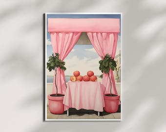 Surreale rosa Vorhänge Stillleben Kunstdruck: Verträumte Tischszene Apfel (Digitaler Download)