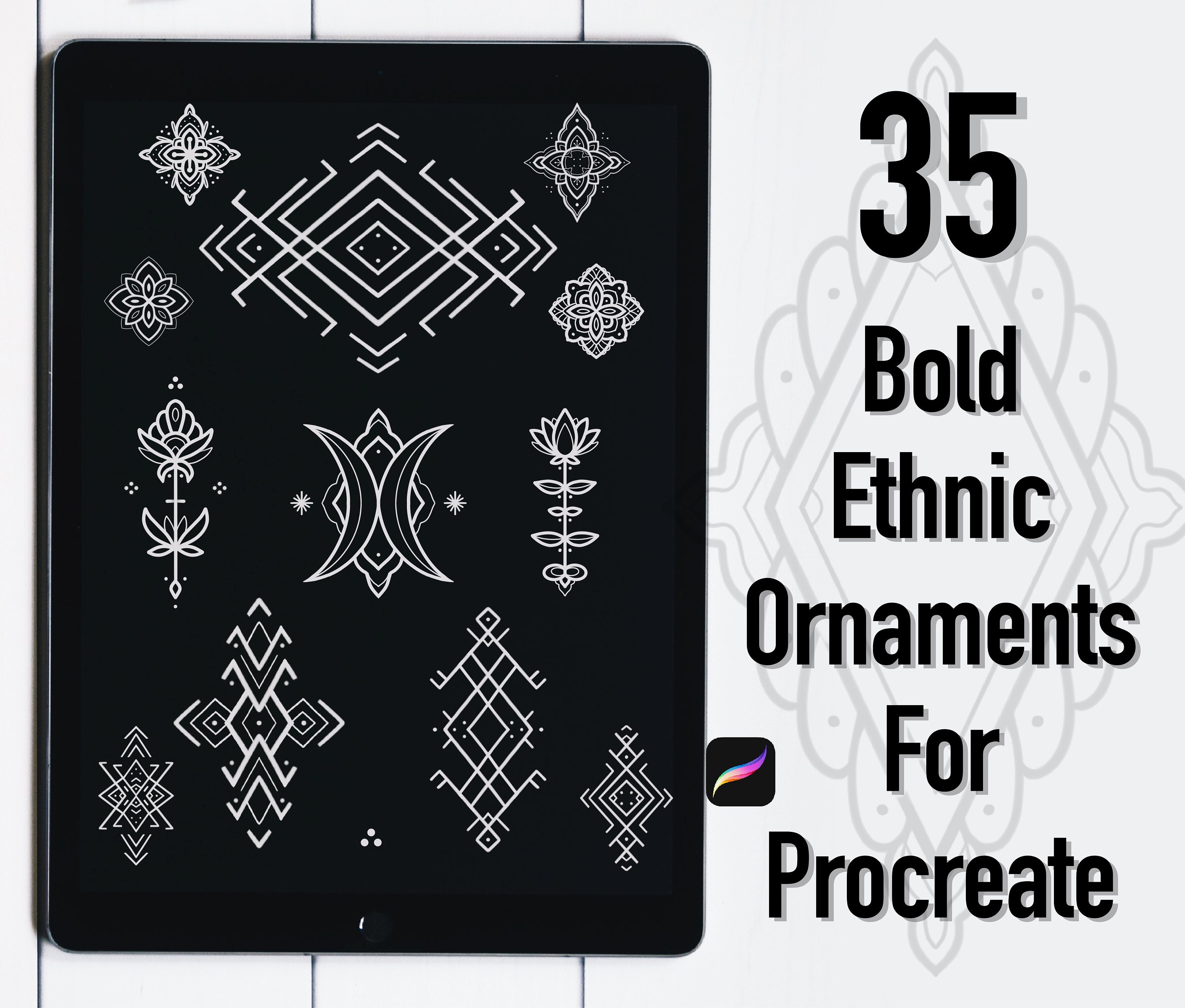35 Bold Ethnic Ornaments Procreate Brush Pack for Tattoo Design, Linework & Graphic Decor