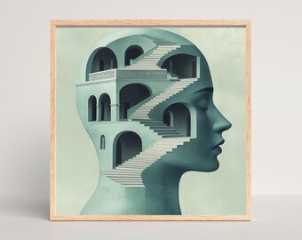 Surrealer Kopf mit Treppe Print: Traumhafte moderne Kunst (Digitaler Download)