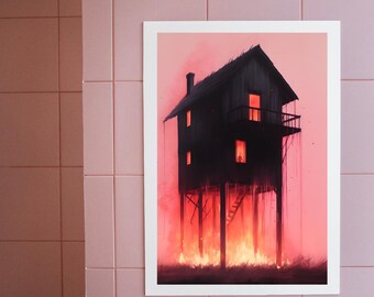 Surreales brennendes Haus Poster: Verträumter rosa Himmel (Digital Download)
