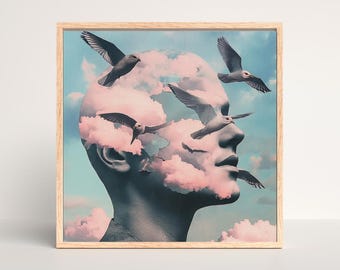 Surrealer Kopf in Wolken Kunstdruck: Traumlandschaft blauer Himmel (Digital Download)