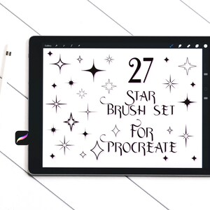 May include: A black tablet displays a collection of star-shaped digital brushes. The text reads "27 Star Brush Set For Procreate." A white stylus and a Procreate logo are visible. The background is a white, textured surface.
