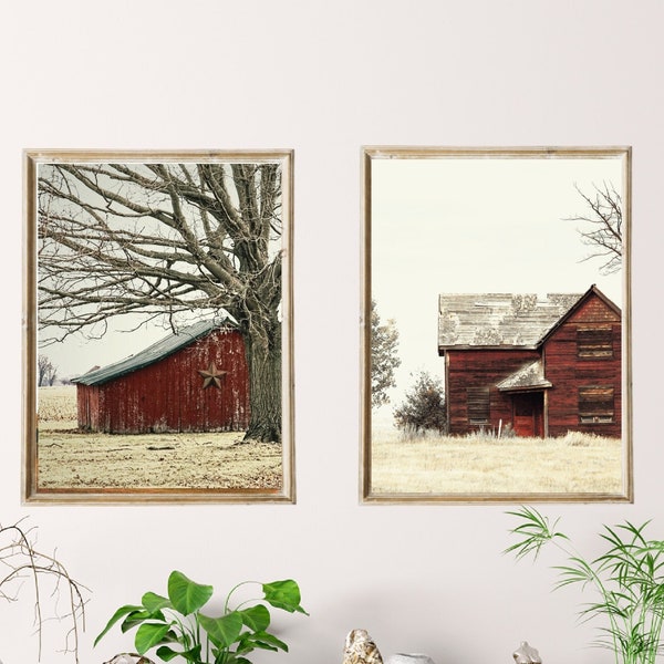 Old Red Barns Set of 2 Printable Wall Art Wood Barn Farmhouse Photos Country Landscape Rustic Wall Decor Western Print Old Farm Print