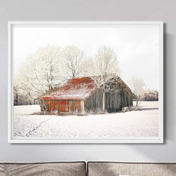 Old Red Barn in Snow Printable Wall Art, Farmhouse Winter Photo, Wooden Red Barn Photo, Winter Country Landscape Photo, Christmas Wall Decor