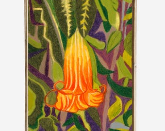 Orange Fllower Modern Oil Pastel Painting, Wildflower with Green Leaves Hand-painted Fine Art, Country Cottagecore Wall Decor