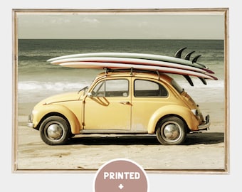 Yellow Retro Car on Beach Shipped Print Surfboard Wall Art Vintage Car Photo Coastal Wall Decor California Surf Large Poster Surfer Gift