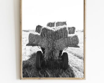 Hay Bales on Tracktor Black and White Farmhouse Photo Printable or Mailed, Hay Rolls Stack Rural Print, Farm Rustic Country Southwest Decor