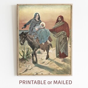 Holy Family Christmas Wall Art Printable or Mailed, Flight to Egypt Vintage Drawing, Jesus Mary Joseph Holiday Religious Christian Decor