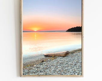 Foto colorida de atardecer en la playa para imprimir o enviar por correo, impresión de atardecer en el océano en azul, dorado y naranja, decoración de pared costera con atardecer en la costa, póster de amanecer en el mar