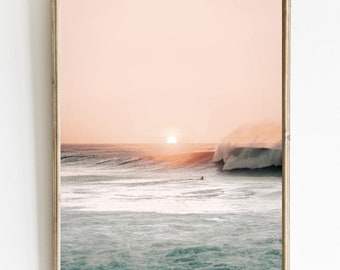 Olas de playa al atardecer Foto imprimible Océano Azul pastel Rosa rubor Impresión Mar Amanecer Póster Dormitorio Decoración romántica costera Pared Habitación de niñas