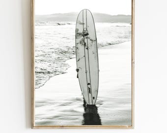 Surfboard on Beach Black White Photo Printable 0r Mailed Surf California Coastal Print Surfing Large Poster Gift for Surfer Monochrome Photo