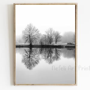 Lake With Bare Trees Black and White Printable Wall Art Lake Reflection Minimalist Photo Nordic Landscape Print Monochrome Nature Poster