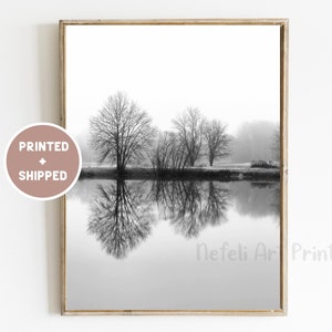 Lake With Bare Trees Black and White Mailed Print, Lake Reflection Minimalist Photo, Nordic Landscape Wall Decor, Monochrome Nature Poster