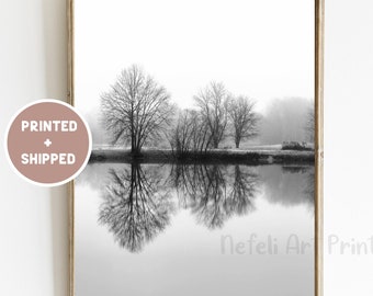 Lake With Bare Trees Black and White Mailed Print, Lake Reflection Minimalist Photo, Nordic Landscape Wall Decor, Monochrome Nature Poster