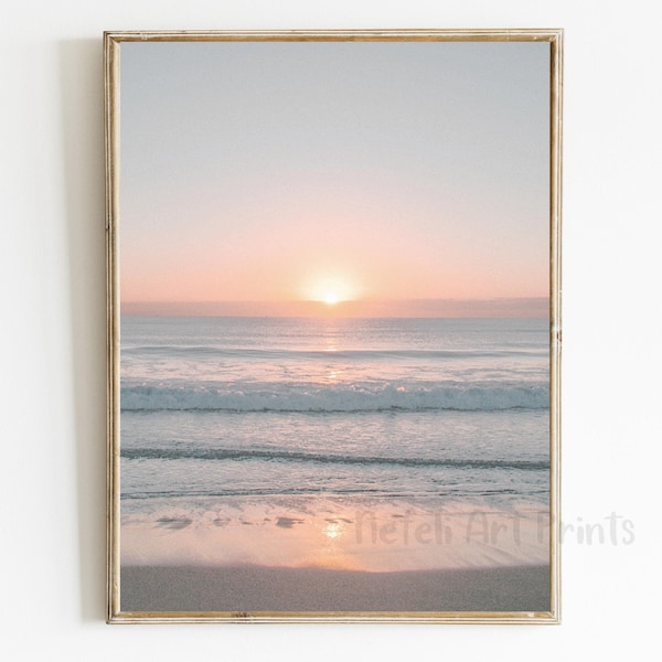 Beach Sunset Pastel Photo Printable Ocean Sunset Blue Blush Pink Print Sea Sunrise Poster Seascape Coastal Wall Decor Seashore Wave Print