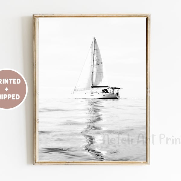 Sailboat Black and White Photo Mailed, Boat Coastal Minimalist Print, Sailing Wall Art, Nautical Ocean Print, Beach House Decor, Sailing Art