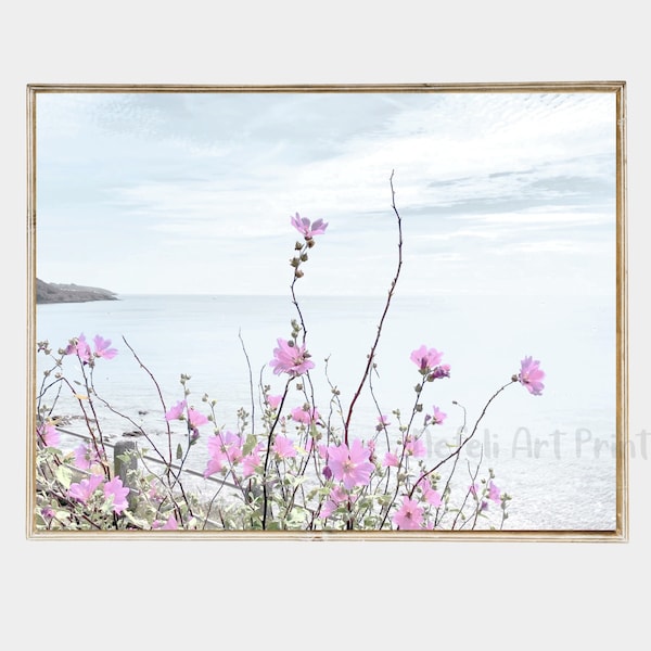 Beach Flowers Photo Printable Coastal Blue Pink Pastel Print Sea Summer Poster Wildflowers on Beach Floral Wall Decor Ocean Horizon View Art