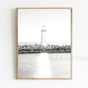 Lighthouse Black and White Minimalist Photo Printable, Coastal Minimalist Print, Nautical Ocean Print, Coastal Landscape Photo, Beach Print