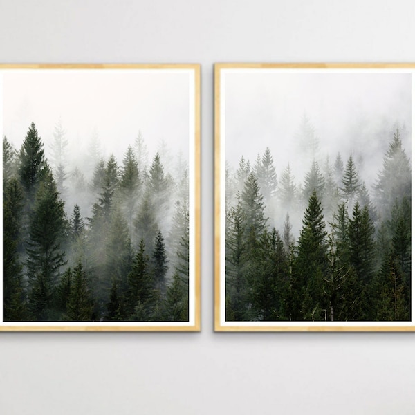 Green Forest in Mist Set of 2 Photo Printable Wall Art Foggy Forest Print Nature Modern Wall Decor Pine Trees Photo Landscape Nordic Print