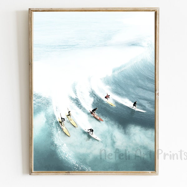 Surfers Aerial Photo Printable Wall Decor, Ocean Surfing Print, California Surf Photo, Big Waves Surf Print, Blue Ocean Print, Coastal Photo