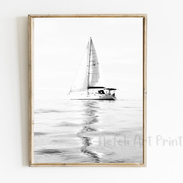Sailboat Black and White Photo Printable, Boat Coastal Minimalist Print, Sailing Wall Art, Nautical Ocean Print, Beach House Decor, Sail Art