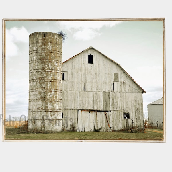 Old Barn Neutral Printable Wall Art Farmhouse Country Photo of White Barn Rustic Home Wall Decor Silo Print Old Farm Poster Instant Download