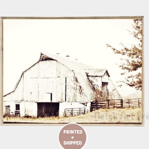 Old Barn Farmhouse Print Mailed White Barn Country Landscape Neutral Photo Rustic Home Wall Decor Fall Farm Brown Gold Print Old Farm Poster