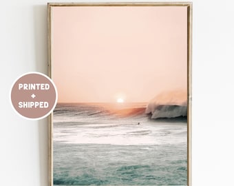Impresión de olas de playa al atardecer, océano, azul pastel, rosa ruborizado, foto, mar, amanecer, póster, dormitorio, decoración romántica de pared costera, habitación de niñas