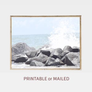 Wave Crashing Rocky Beach Photo Printable or Mailed, Seashore Coastal Pastel Print, Sea Ocean Wall Decor, Seascape Blue Gray Nautical Poster