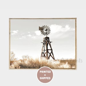 Windmill Photo Mailed Farmhouse Aermotor Print Southwestern Wall Art Country Rustic Neutral Wall Art Farm Wall Decor Bronze Gold Gray Print