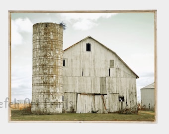 Old Barn Neutral Printable Wall Art Farmhouse Country Photo of White Barn Rustic Home Wall Decor Silo Print Old Farm Poster Instant Download