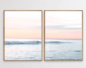 Pastel Beach Sunset Set of 2 Photo Printable Blush Pink Coastal Ocean Seascape Prints Sea Wave Diptych Wall Art Ocean View at Sunset Photos