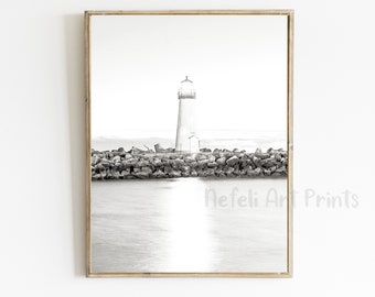 Lighthouse Black and White Minimalist Photo Printable, Coastal Minimalist Print, Nautical Ocean Print, Coastal Landscape Photo, Beach Print
