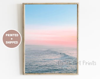 Pink Sunset Beach Photo Mailed Ocean Sunset Pastel Colorful Print Blue Ocean Print Sea Sunrise Poster, Coastal Wall Decor Beach Print