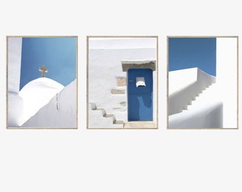 Greek Islands Set of 3 Prints White Blue Minimalist Coastal Printable Wall Art Santorini Modern Photos Mediterranean Travel Gallery Wall Art