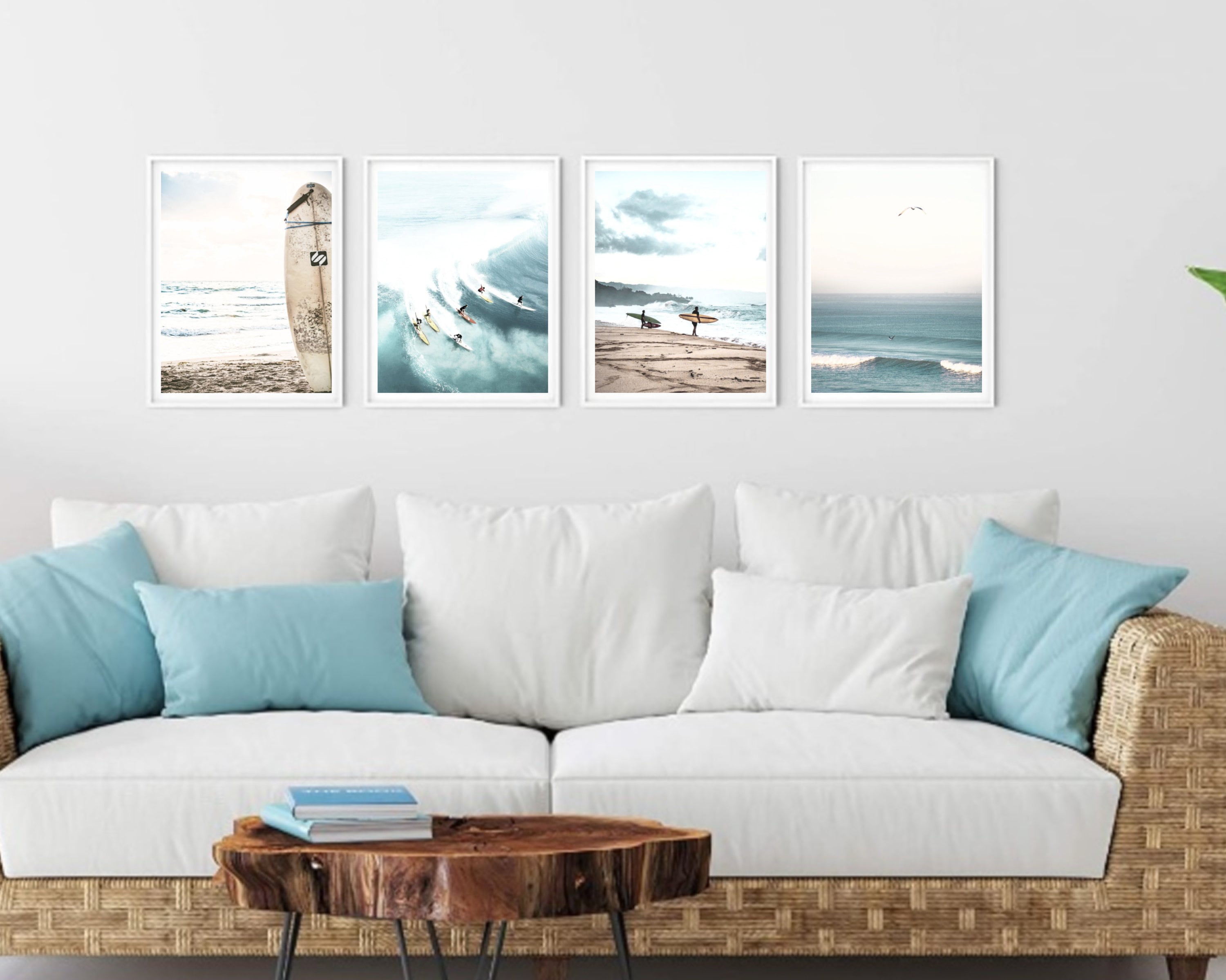Set of 4 Surfing Prints, Surf Ocean Waves Photo Wall Art Printed and