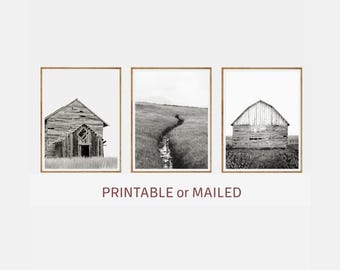 Farmhouse Set of 3 Black and White Photos Printable or Mailed, Old Wood Barn and Grass Field Prints, Rustic Country Monochrome Wall Decor